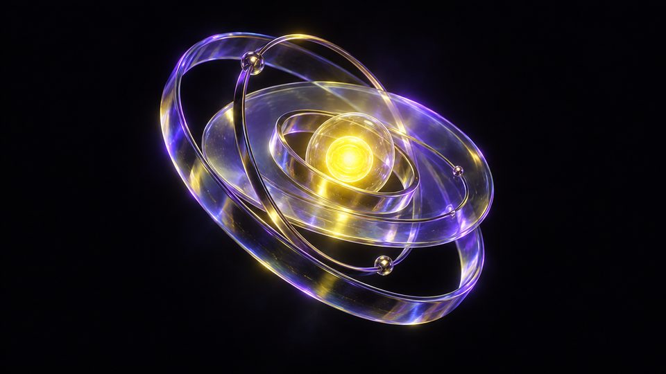 Render abstracto de anillos de vidrio concéntricos girando alrededor de un núcleo de luz amarilla