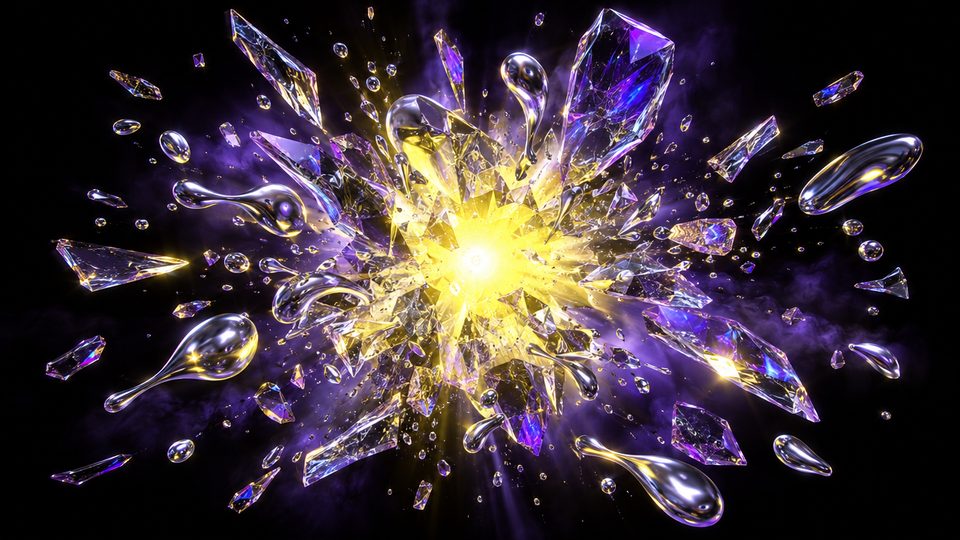 Render abstracto de una explosión de fragmentos de vidrio alrededor de un núcleo de luz amarilla
