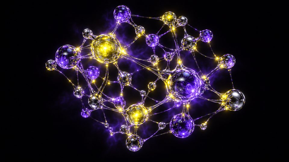 Render abstracto de una red de nodos de vidrio conectados por filamentos de luz amarilla y violeta