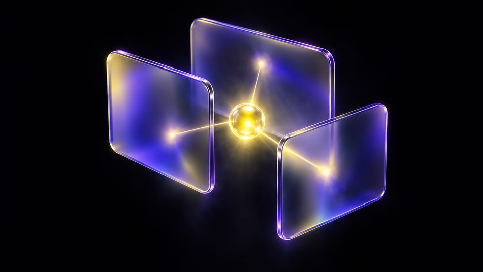 Render abstracto de paneles de vidrio flotantes conectados por un núcleo de luz amarilla