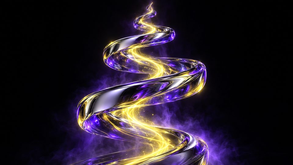 Render abstracto de una espiral ascendente de cromo líquido con un rastro de energía amarilla